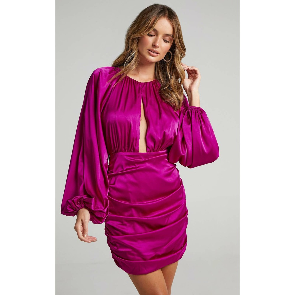 Showpo Ata Dress 4 Mulberry Satin Long Sleeve Cutout Ruched Mini Cocktail NWT